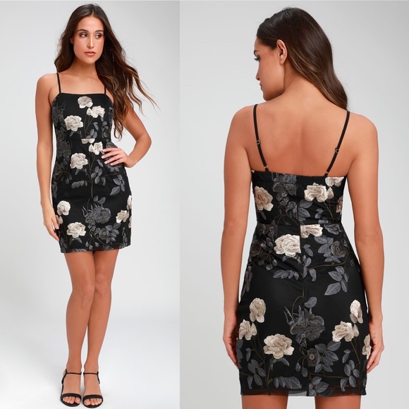 elston black floral embroidered bodycon dress